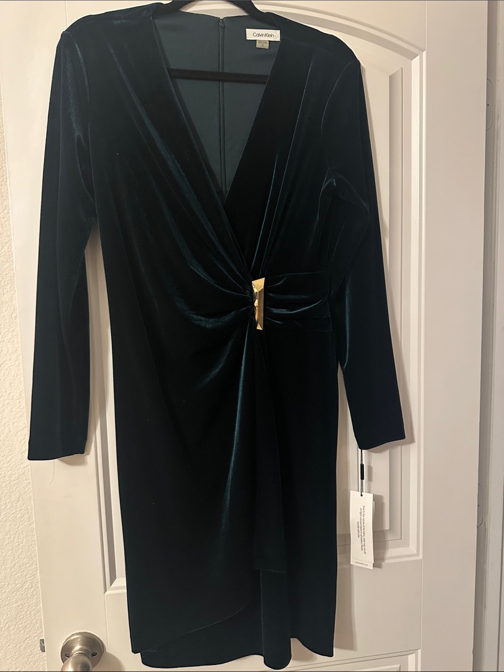 Calvin Klein Women's Deep Teal Velvet Twist-Front Long Sleeve Dress